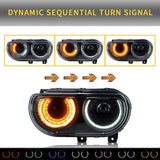 LED Headlight Assembly RGB Style Dual Beam Projector Black For 2008-2014 Dodge Challenger 3th Gen Pre-Facelift