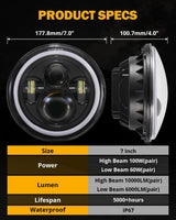 Upgraded 7 Inch Round LED Headlight with RGB Halo Ring for Jeep Wrangler JK TJ LJ