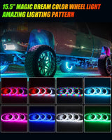 (4pcs/set) 15.5" RGB LED Wheel Ring Lights Magic Dream Color Neon Rim Light with APP & RF Remote Control