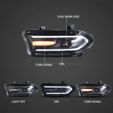 LED Headlight Assembly Dual Beam Projector Black For 2015-2023 Dodge Charger 7th Gen(LD)