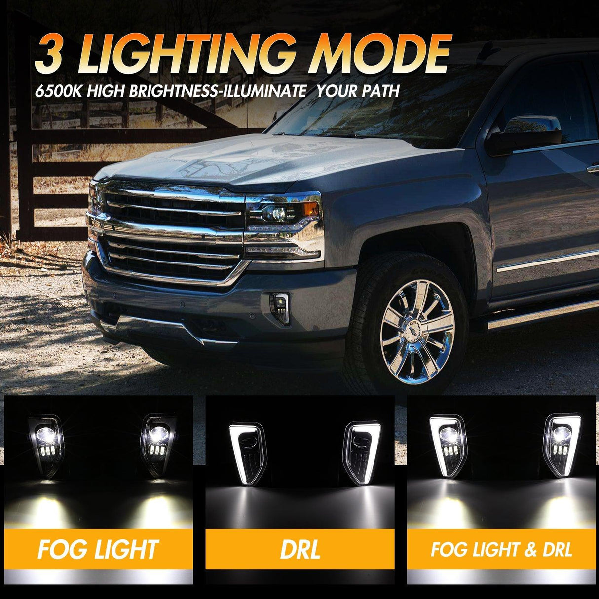 (2pcs/set) 45W DOT Approved LED Fog Lights with DRL for 2016-2018 Chevy Silverado 1500 (Black/Chrome)