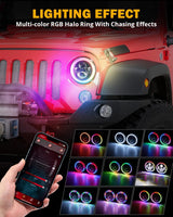 Upgraded 7 Inch Round LED Headlight with RGB Halo Ring for Jeep Wrangler JK TJ LJ