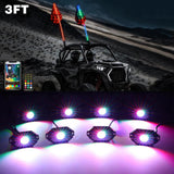 2Pcs 3FT RGB LED Whip Lights with Turn Signal & Brake Light + RGB LED Rock Lights Set with Bluetooth Controlled