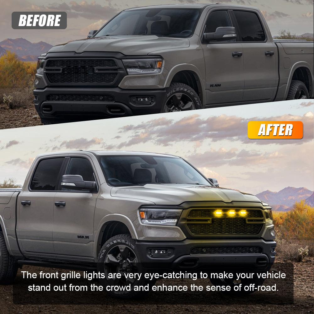 (3pcs/set)  LED Front Grille Lights Raptor Style Amber Light Fit for Dodge Ram 1500 2500 3500 (Amber shell/ Smoked shell）