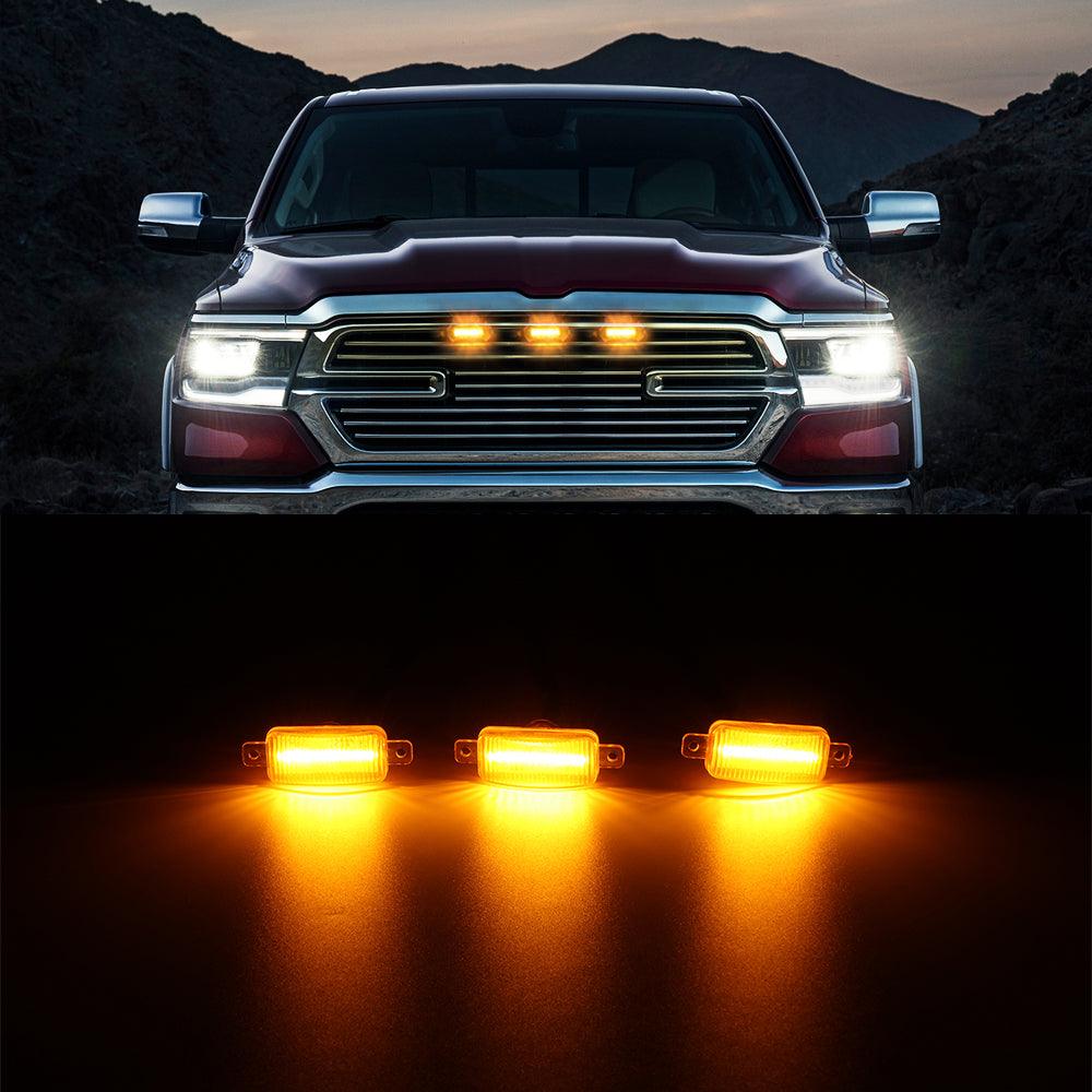 (3pcs/set)  LED Front Grille Lights Raptor Style Amber Light Fit for Dodge Ram 1500 2500 3500 (Amber shell/ Smoked shell）