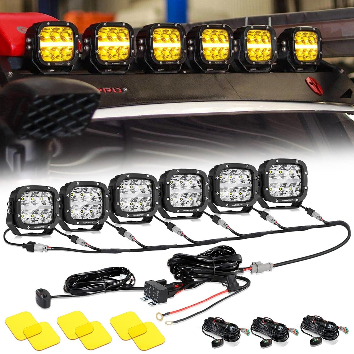 6/8Pcs 5 Inch 132W Amber DRL LED Pod Lights with Power Harness – Rove ...