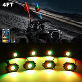 2Pcs 4FT RGB LED Whip Lights with Turn Signal & Brake Light + RGB LED Rock Lights Set with Bluetooth Controlled