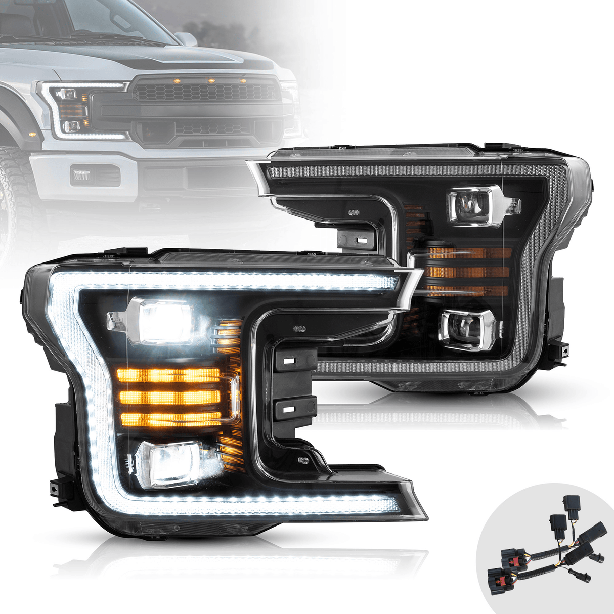 LED Headlight Assembly Dual Beam Projector Black For 2018-2020 Ford F150 13th Gen