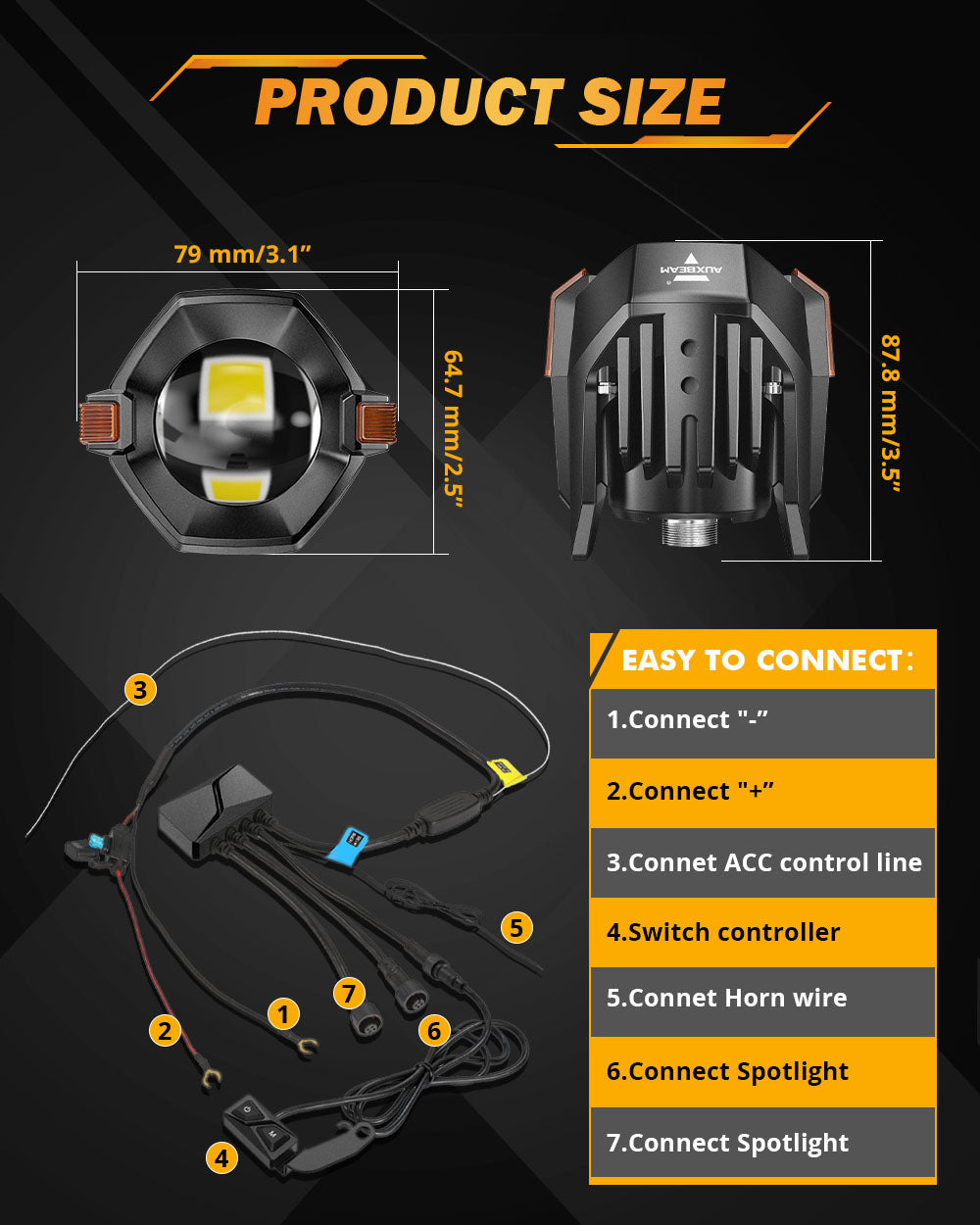 🆕3 Inch Motorcycle LED Spotlight Bi-LED Projector Lens Headlight 120W Dual Color Switchback LED Work Light 3+5 Light Modes for Motorcycle SUV ATV Trucks | 2PCS/Set