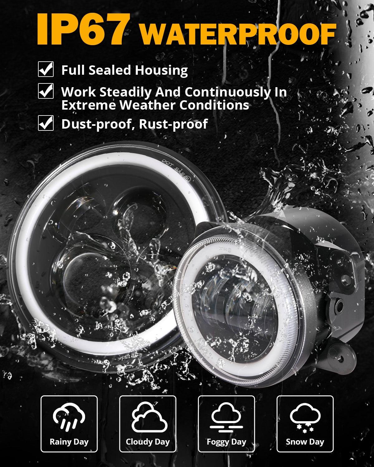 Upgraded RGB 7 Inch Headlights + 4 Inch Fog Lights Combo for Jeep Wrangler JK with APP Control