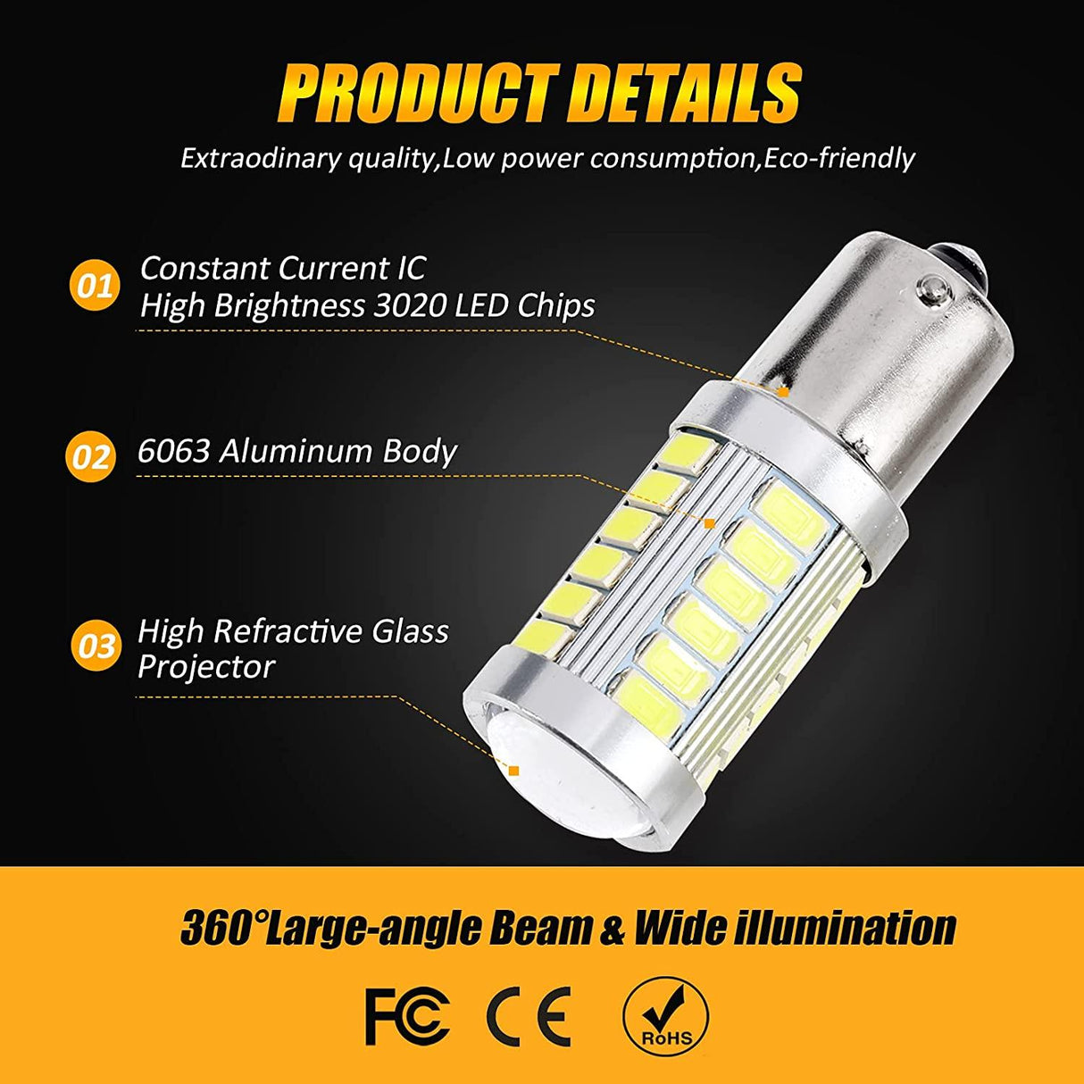 1156 P21W BA15S LED Brake/Reverse/Parking/Tail/Turn Singnal Light Bulbs 50W 8000LM Cool White/Amber/Red 33 Series | 2 Bulbs