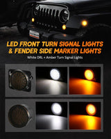 7'' LED Headlight Replacement with Halo Ring + 4'' LED Fog Light + LED Smoke Tail Light + Front Turn Signal & Fender Flares Side Marker Light for Jeep Wrangler JK