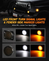 7" LED Headlight Replacement with Halo Ring + 4" LED Fog Light + Front Turn Signal & Fender Flares Side Marker Light for Jeep Wrangler JK