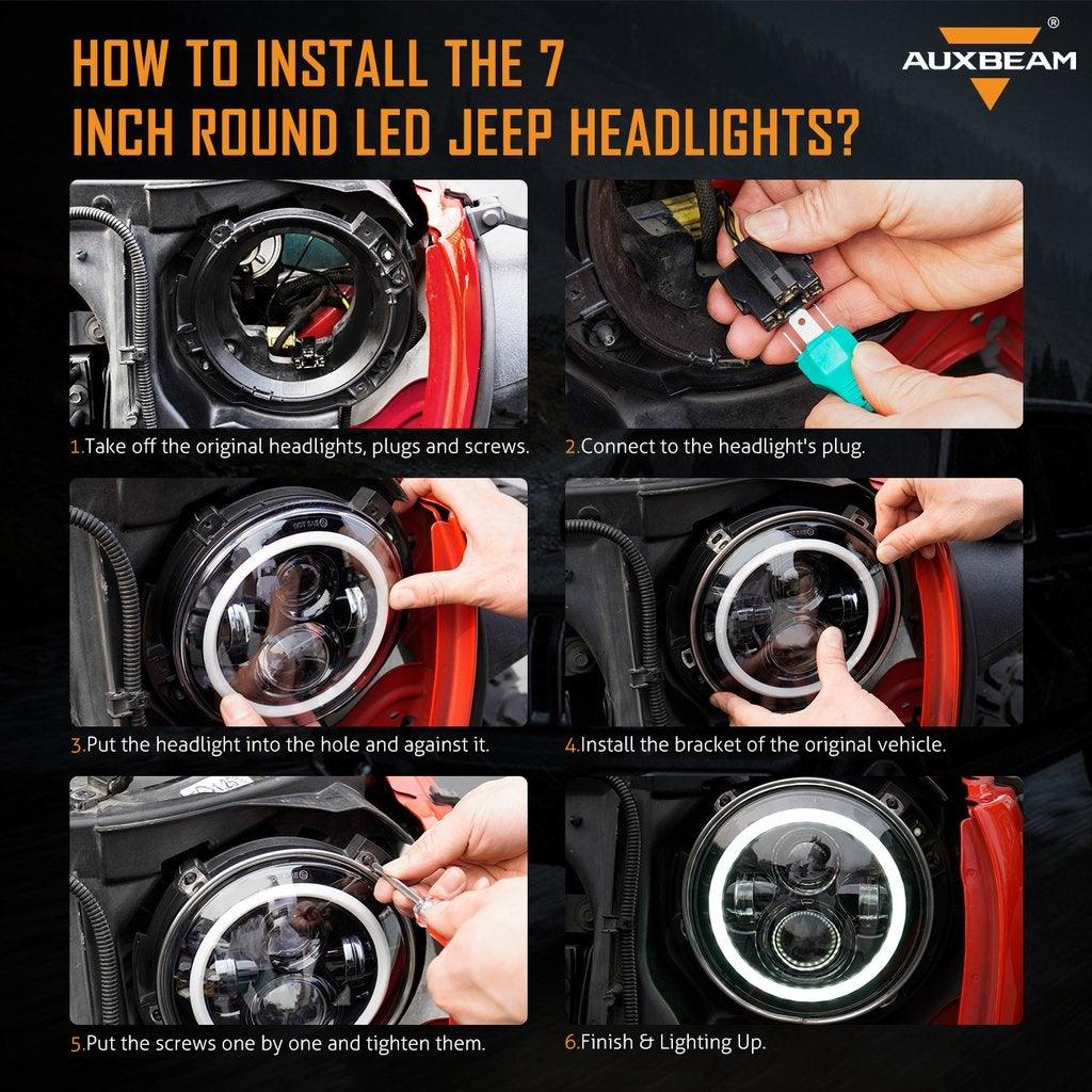 7" LED Headlight Replacement with Halo Ring + 4" LED Fog Light + Front Turn Signal & Fender Flares Side Marker Light for Jeep Wrangler JK