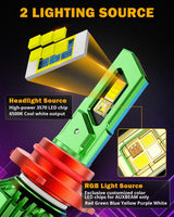 🆕9005/HB3 RGB LED Headlight Bulbs/DRL/Fog Light R7 Series 70W 25000LM 6500K Cool White + RGB Remote Control | 2 Bulbs