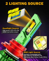 🆕9012/HIR2 RGB LED Headlight Bulbs/DRL/Fog Light R7 Series 70W 25000LM 6500K Cool White + RGB Remote Control | 2 Bulbs