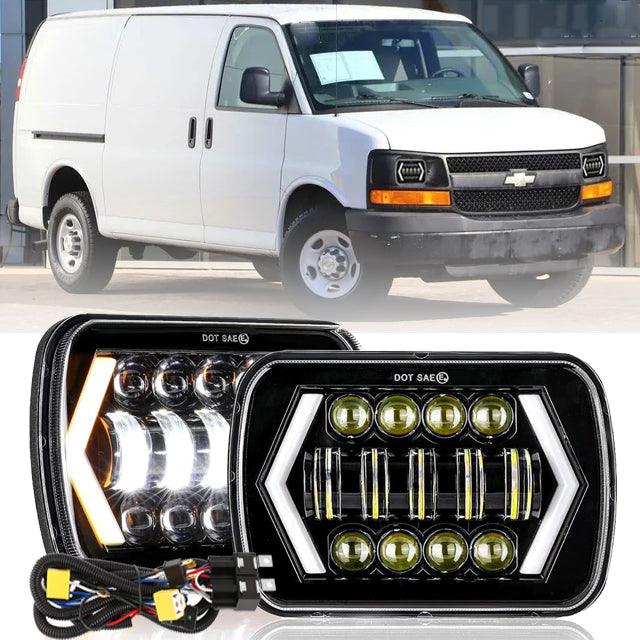 7x6 Inch LED Projector Headlights + H4 LED Headlight Brightness Intensifier Wiring Harness for Chevrolet Express Cargo Van 1500/2500/3500