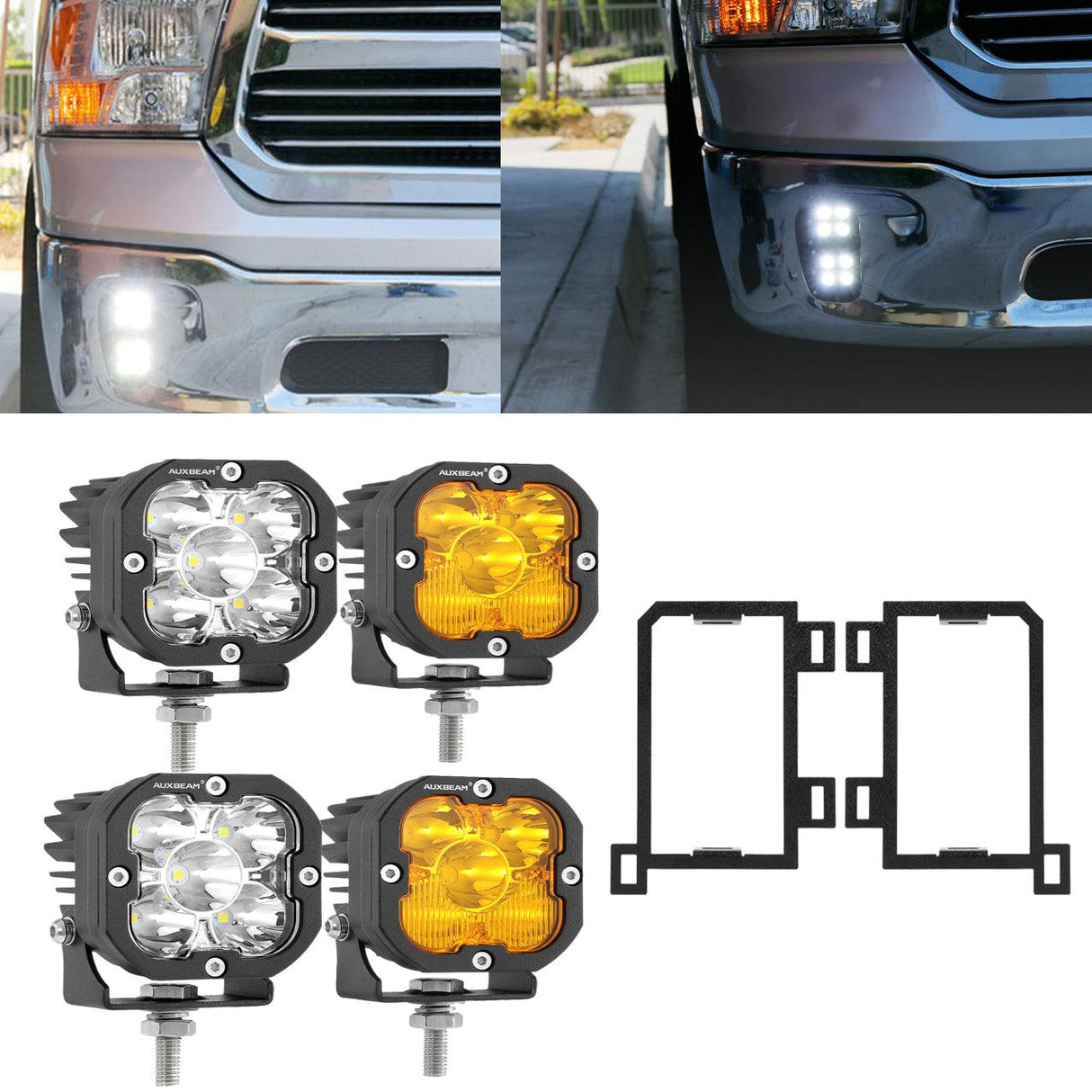 3 Inch LED Pods Lights with Additional Amber Covers & Fog Lamp Mounting Brackets (Vertical Fog Lamp) for Dodge Ram 1500 2013-2018