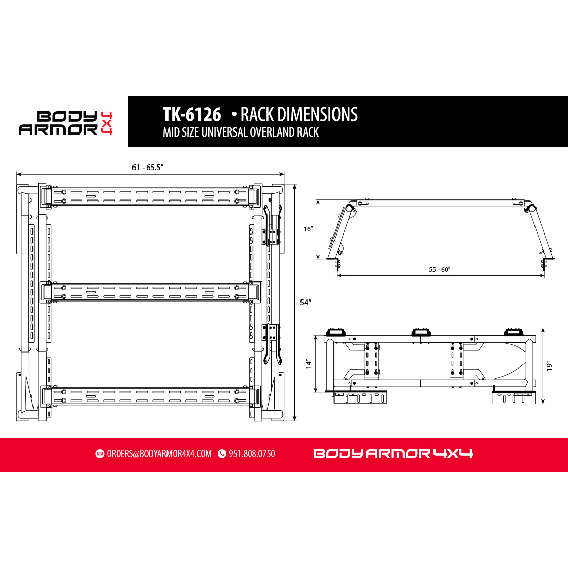 Body Armor 4x4 MID SIZE UNIVERSAL OVERLAND RACK TK-6126 Body Armor 4x4