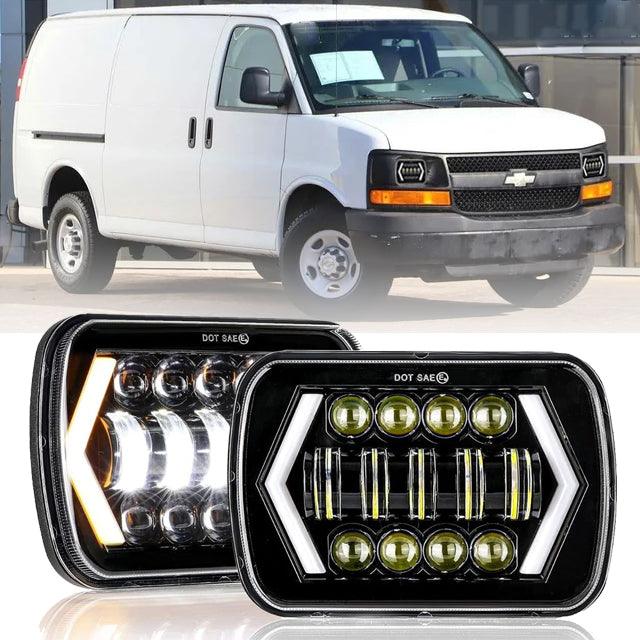 7x6 Inch LED Projector Headlights + H4 LED Headlight Brightness Intensifier Wiring Harness for Chevrolet Express Cargo Van 1500/2500/3500