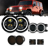 7" LED Headlight Replacement with Halo Ring + 4" LED Fog Light + Front Turn Signal & Fender Flares Side Marker Light for Jeep Wrangler JK