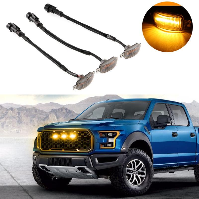 (3pcs/set)  LED Front Grille Lights Raptor Style Amber Light Fit for Ford F150 F250 F350 (Amber shell/ Smoked shell）