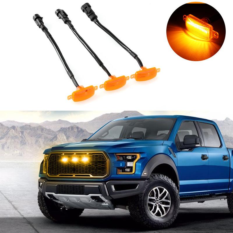 (3pcs/set)  LED Front Grille Lights Raptor Style Amber Light Fit for Ford F150 F250 F350 (Amber shell/ Smoked shell）