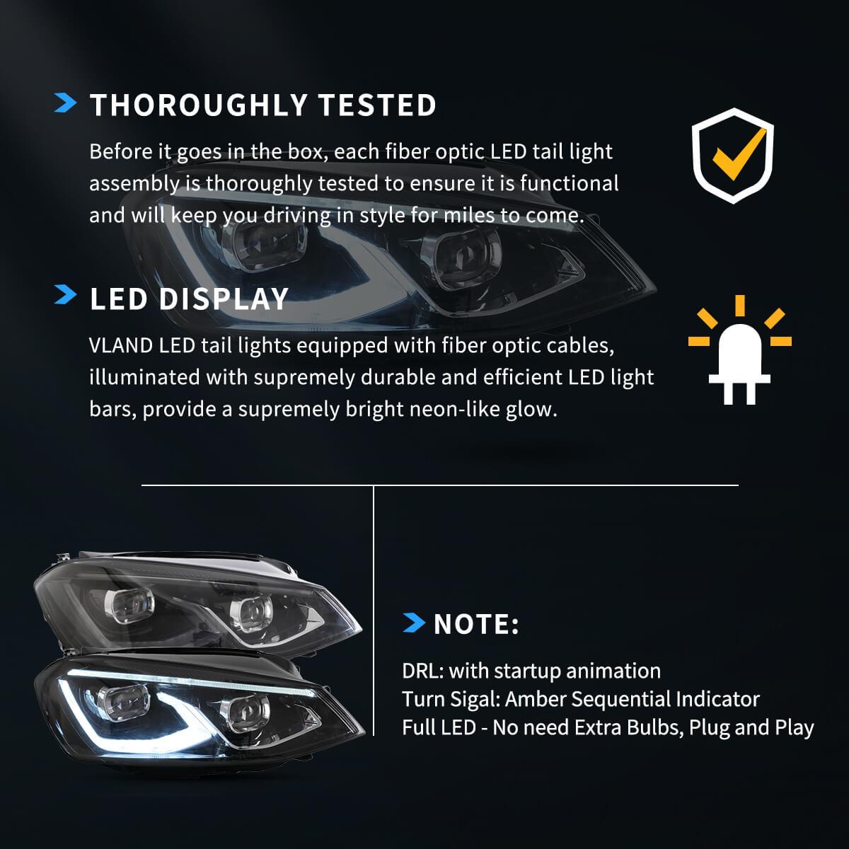 LED Headlight Assembly HID Dual Beam Projector Black For 2014-2017 Volkswagen Golf 7th Gen (Mk7, Typ 5G) Hatchback