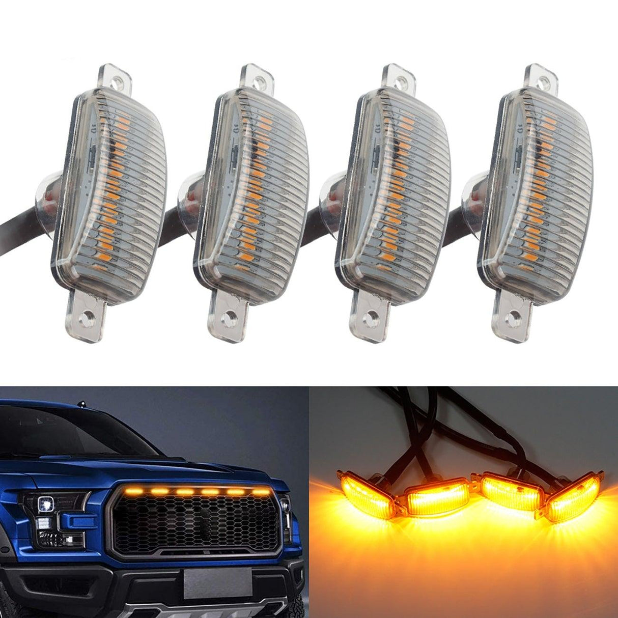 (4pcs/set) LED Front Hood Grille Lights Raptor Style Amber Light Fit for Pickup Truck Off-Road SUV (Amber Shell/ Smoked Shell)