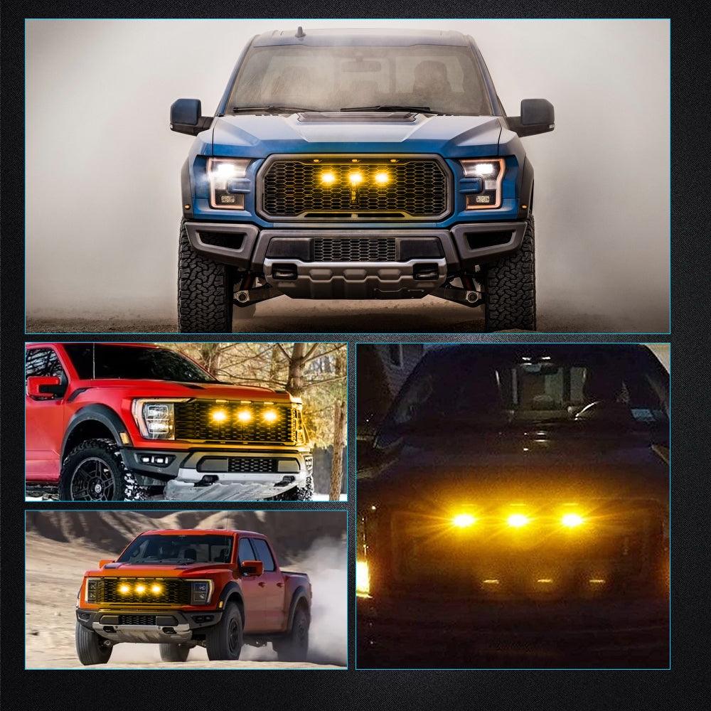 (3pcs/set)  LED Front Grille Lights Raptor Style Amber Light Fit for Ford F150 F250 F350 (Amber shell/ Smoked shell）