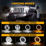 7 Inch LED Headlights + 4 Inch LED Fog Lights Set with Halo DRL Turn Signal High Low Beam for Jeep Wrangler JK JKU TJ LJ Rubicon Sahara Unlimited 1997-2018