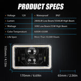 (2PCS/SET) 4x6" Sealed Beam LED Headlight with Hi-Lo Beam & DRL Amber Turn Signal Light