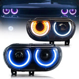 LED Headlight Assembly RGB Style Dual Beam Projector Black For 2008-2014 Dodge Challenger 3th Gen Pre-Facelift