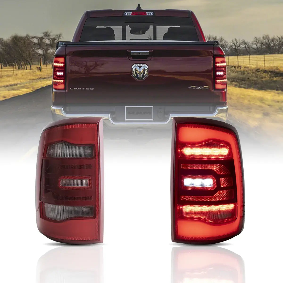 LED Tail Lights Assembly With Red Sequetial Turn Signal For 2009-2018 Dodge Ram 4th Gen (DS/DJ/D2)