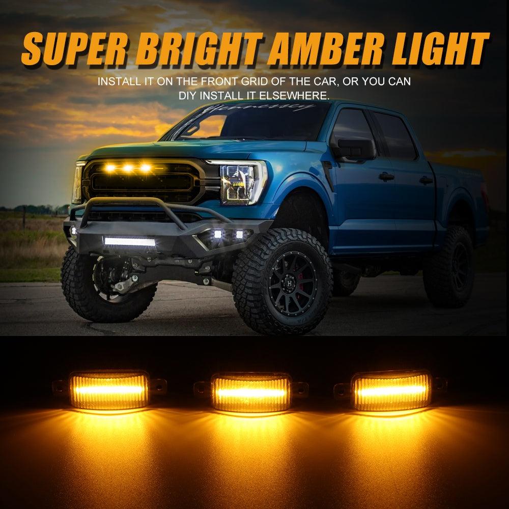 (3pcs/set)  LED Front Grille Lights Raptor Style Amber Light Fit for Ford F150 F250 F350 (Amber shell/ Smoked shell）