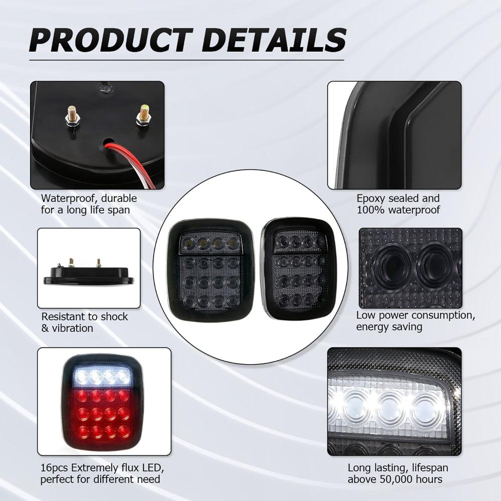 (2pcs/set) Universal Tail Lights 16LEDs for Jeep Wrangler YJ TJ CJ Truck Trailer Boat (Smoked)